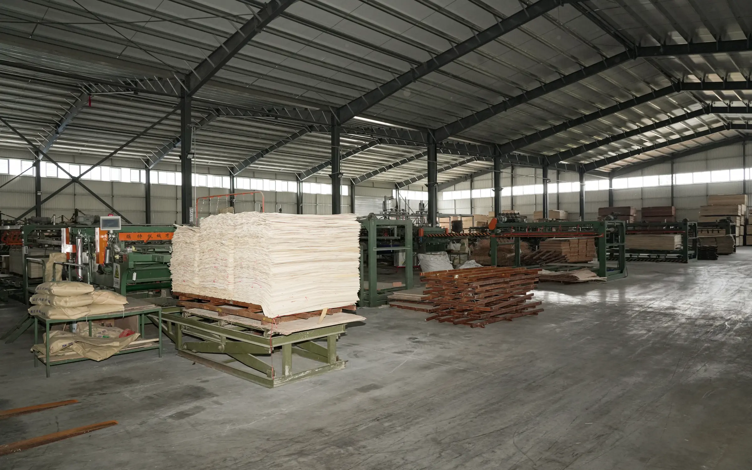 Wide view inside the Huasheng Zhongtian plywood production hall in Cambodia