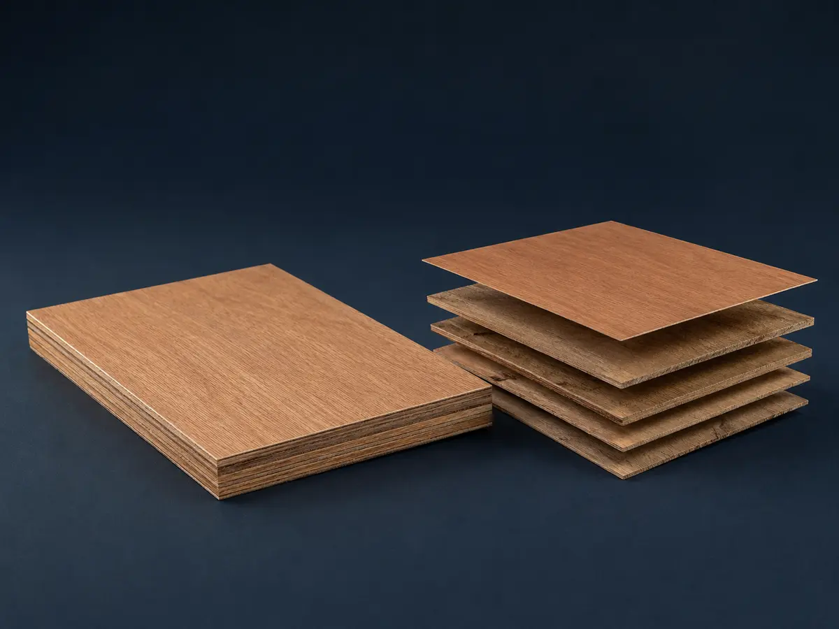 Material construction visualization for Acacia Core Packing‑Grade Plywood: Core: Acacia · Face: Hardwood