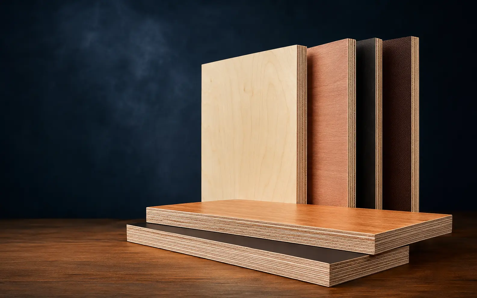 Studio arrangement of plywood panels with varied faces and layered edges